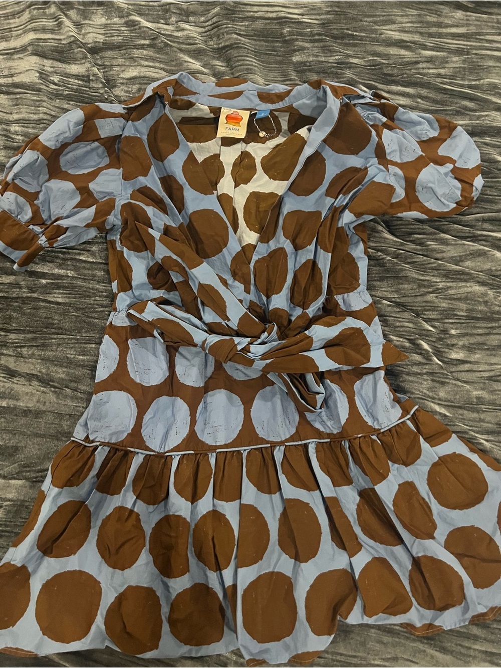 NWOT FARM Rio Blue and Brown Polka Dot Mini Dress size Medium.